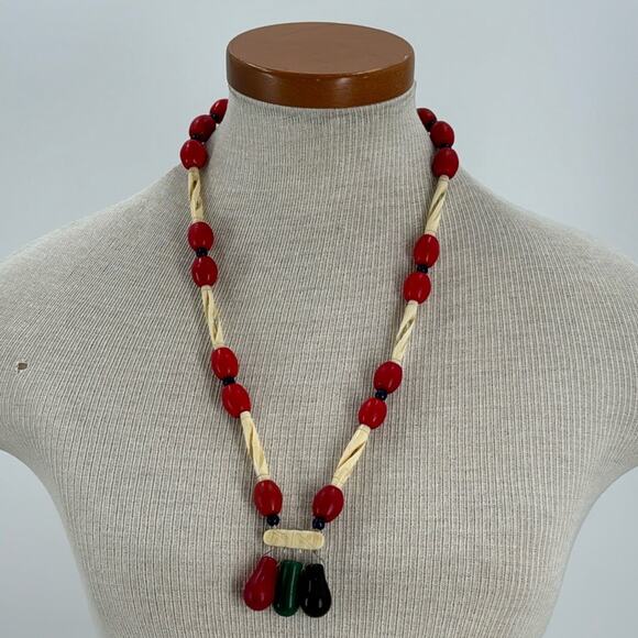 Vintage Jewelry - Vintage acrylic and bone tribal chunky colorful beaded 24 inch necklace